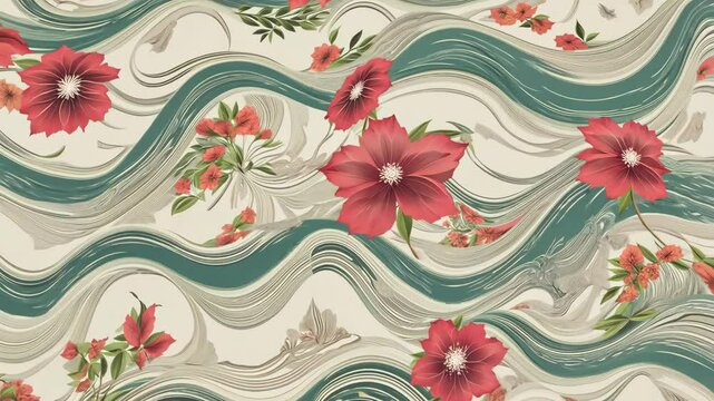 A painting of a flowery river with pink flowers. The flowers are in the water and the river is blue