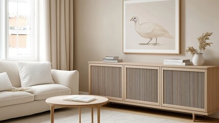 Beautiful Art Nouveau turkey painting above a wood console creates a warm autumn atmosphere in a cozy living room setting