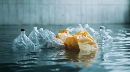 Floating plastic bottles and bags in calm water, creating a gentle abstract background with ample copy space
