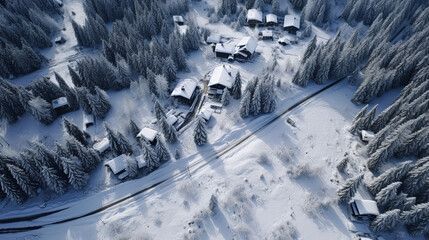 aerial view of snow-covered village in a winter wonderland