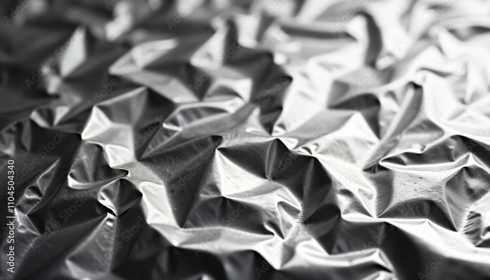 Poster close-up view of crumpled silver foil. abstract pattern of wrinkles, folds. shiny metallic surface. 