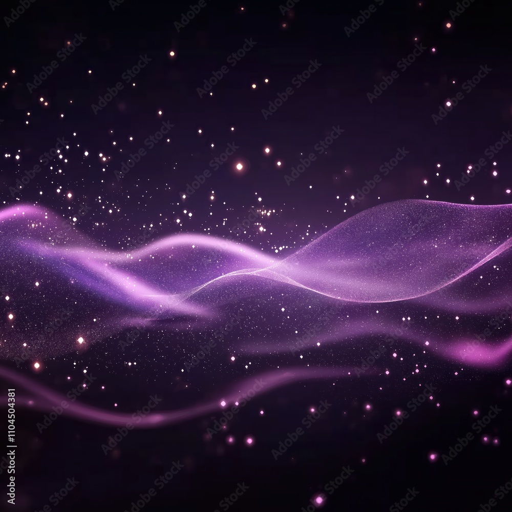 Poster Purple abstract background with sparkling particles, glowing waves. Digital art style creates magical, futuristic effect. Dynamic light, motion evoke celebration new year theme. Ideal for holiday