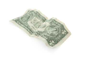 One crumpled dollar banknote isolated on white