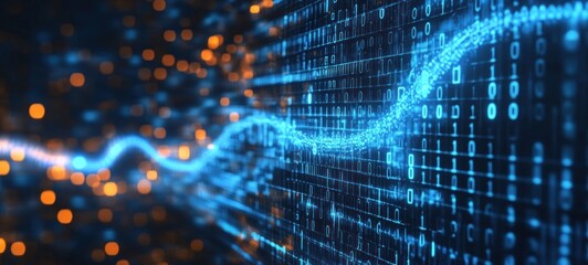 Naklejka premium Abstract Digital Data Flow: Binary Code Wave Visualization