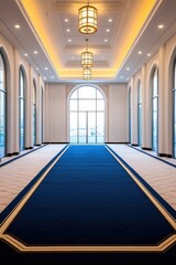 Obraz premium Elegant hallway with blue carpet, arched windows, and warm lighting.