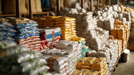 Distribution center of World Food Programme filled with food supplies for humanitarian aid in a local community