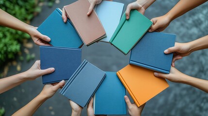 A group of diverse hands holding colorful books in a circular arrangement, symbolizing a community book club discussion
