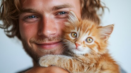 A young adult male smiling while holding a fluffy orange kitten close to his face, showcasing a warm and joyful connection