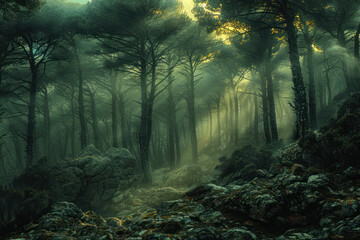 Obraz premium dense forest, illuminated by the soft morning light that breaks through the treetops 