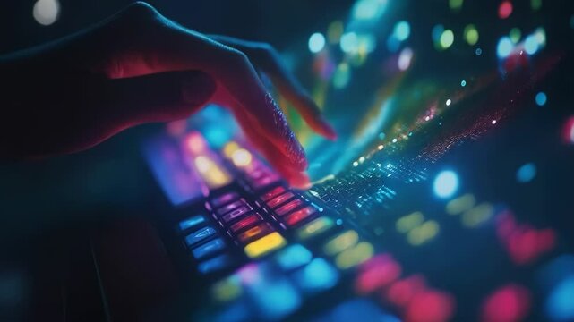 Engaging in creative coding session with colorful lights illuminating the keyboard at night