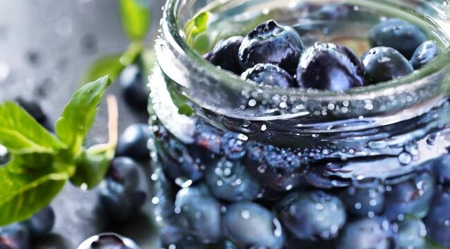 Fresh blueberries in a jar with mint leaves on a dark surface showcasing vibrant colors and textures