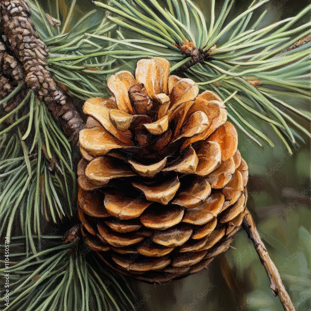 Poster Half-open pine cone on branch with green needles