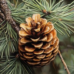 Half-open pine cone on branch with green needles