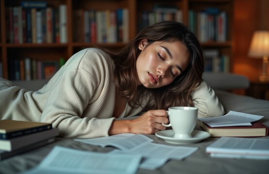 Young woman sleeps on bed with books, papers. Lying down with eyes closed, coffee cup in hand. Relaxing in bedroom late at night. Home, rest, sleep, late night study work, exhausted but happy,