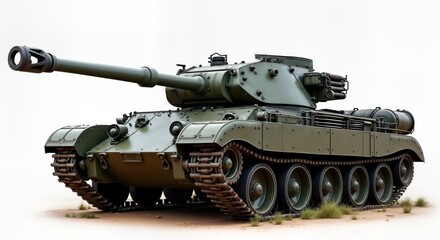 Military tank stands on sandy ground. Modern army equipment displays strong defense capabilities. Green tank displays military strength. Warfare technology. Armored fighting vehicle. Combat