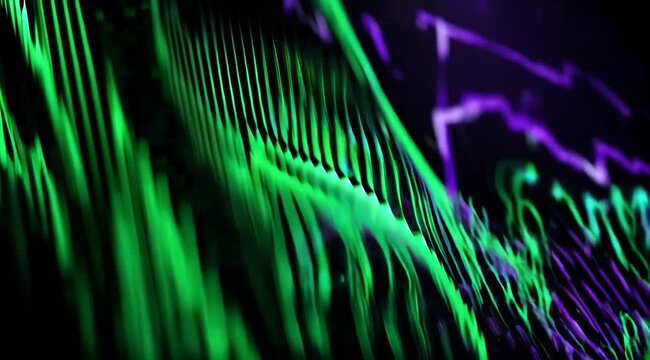 Colorful visual patterns turn into vibrant waveforms in deep electronic soundscapes at night