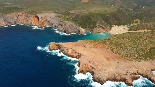 Aerial view on Cala Domestica Beach and landscape around. Sardinia, Italy