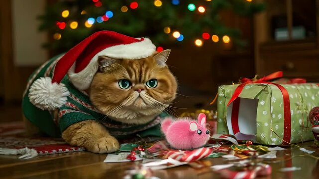 Fluffy cat wearing Santa hat and Christmas sweater sitting near open gift box staring at small toy with clear displeasure and irritation concept of unwanted Christmas present and disappointment