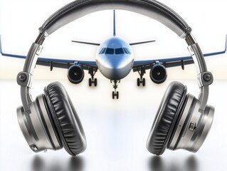 Headphones framing landing airplane on blurred background