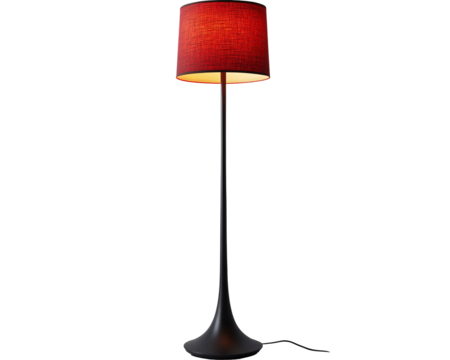 a tall lamp with a red shade