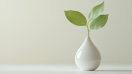 A minimalist white vase shaped like a water droplet holds a small green plant with two leaves against a light background
