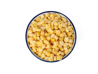 Frozen corn kernels in bowl isolated on white, top view