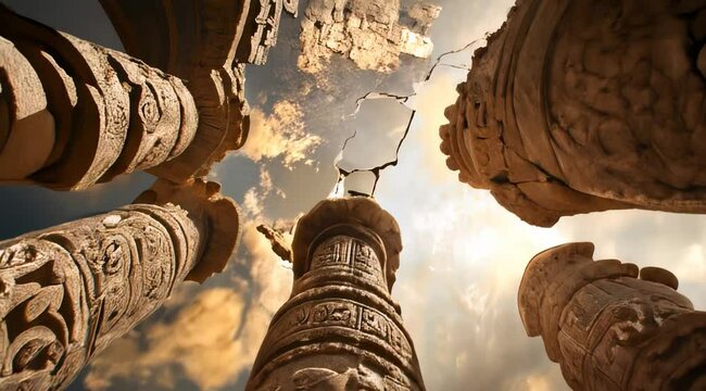 Exploring ancient pillars under a vibrant sky at a historical site during sunset