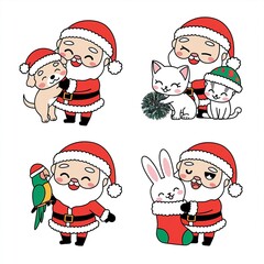 Fototapeta premium Cute cartoon vector illustration featuring Santa Claus celebrating Christmas with his beloved pets: a dog, cats, rabbit, and parrot.