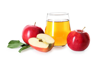 Tasty apple juice in glass and fresh fruits isolated on white