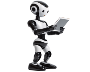a black and white robot holding a tablet