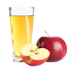 Tasty apple juice in glass and fresh fruits isolated on white