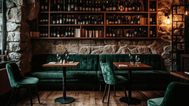 Elegant wine bar interior with green velvet seating, wooden tables, and stone wall.
