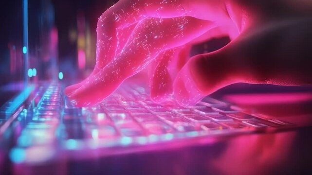 Exploring digital technology through vibrant keyboard visuals and futuristic lighting at night