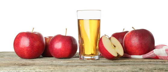 Tasty apple juice in glass and fresh fruits on wooden table against white background
