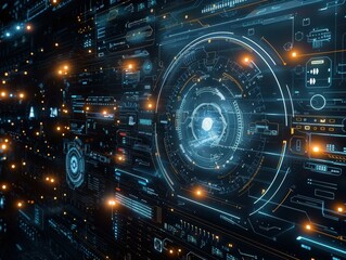 Futuristic digital interface with glowing data and holographic elements.