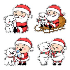 Adorable holiday illustration pack showing Santa Claus interacting with happy polar bears, including sledding and sweet loving hugs, perfect for cute Christmas projects.