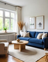 Fototapeta premium a living room with a blue couch and a lamp on the table