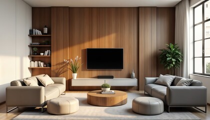 Beige wall living room. Modern flat tv on brown wall with brown wood paneling. Gray leather sofas. Vintage shelf in daylight with white sheer curtain. Interior design photo. Stylish home decor. Cozy