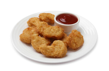 Delicious chicken nuggets and ketchup isolated on white