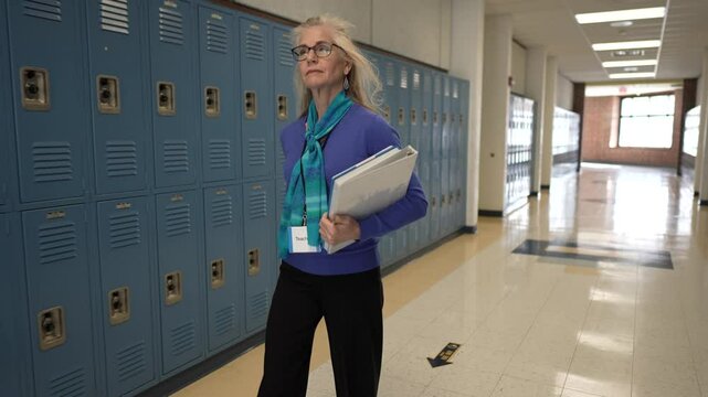 A middle-aged teacher moves gracefully down a school hallway. She holds a binder in one hand and appears focused as she navigates through the rows of lockers.