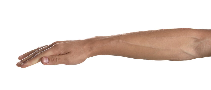 Man with bulging veins on his arm against white background, closeup