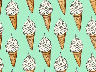 Seamless pattern of golden waffle cones filled with creamy vanilla soft-serve ice cream, displayed on a refreshing mint green background, perfect for summer-inspired designs.