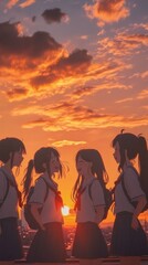 Fototapeta premium Anime friends laughing together on a school rooftop at sunset, detailed expressions and school uniform designs