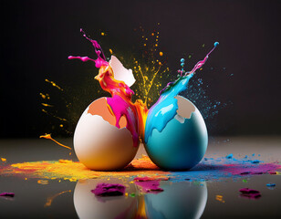 Eggs cracked open with colorful paint spilling out, symbolizing creativity and breaking norms