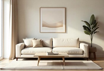 Fototapeta premium a living room with a white couch and pillows and a painting on the wall.