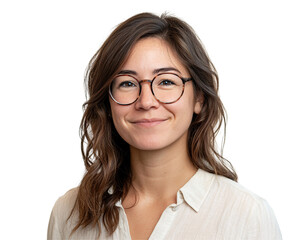a woman wearing glasses and smiling