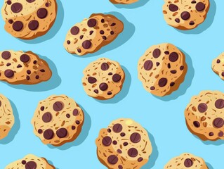 Chocolate chip cookies and oatmeal cookies arranged in a beautiful pattern, showcasing their texture, color, and detail. A delightful combination of sweet treats perfect for food photography, bakery p