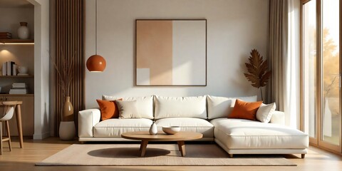 a living room with a white couch and pillows and a painting on the wall.