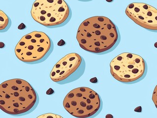 Chocolate chip cookies and oatmeal cookies arranged in a beautiful pattern, showcasing their texture, color, and detail. A delightful combination of sweet treats perfect for food photography.