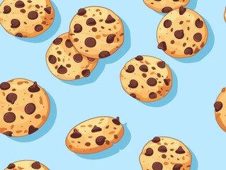 Chocolate chip cookies and oatmeal cookies arranged in a beautiful pattern, showcasing their texture, color, and detail. A delightful combination of sweet treats perfect for food photography, bakery p